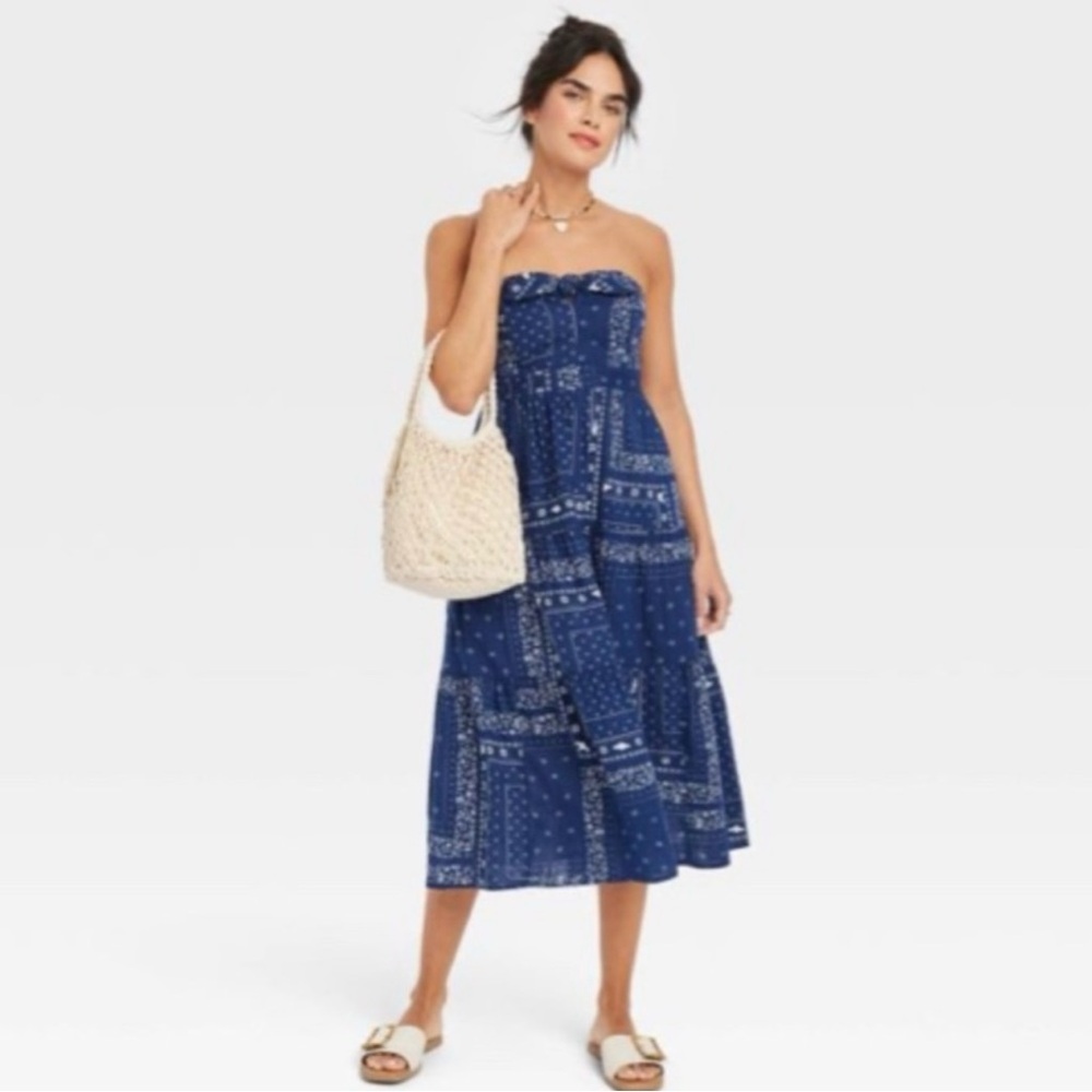SALE BANDANA PRINT STRAPLESS MIDI DRESS - Picture 2 of 12